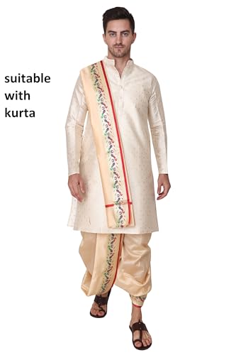 Image of Rameshwaram Fabrics Mens Ready to Wear Silk Dhoti with Angwastra Set - Pocket Dhothi