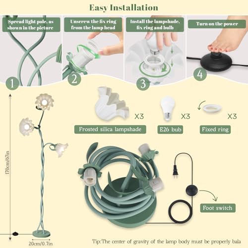 Image of Flower Standing Lamp for Bedroom, Cute Corner Floor Lamp with Flexible Gooseneck,3 Light Floor Reading Lamp with 3 Color Temperatures, Bulbs Included, LED Tall floor Lamp for Living Room Corner(Green)