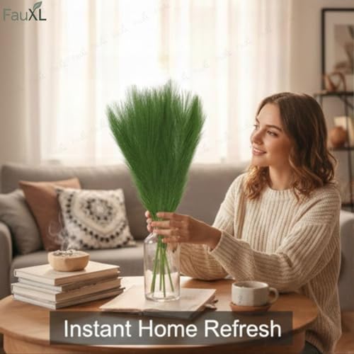 Image of Pack of 4 Pcs Artificial Flowers Faux Pampas Grass Small Fake Flower Plant for Home Decor, Office, Bedroom, Living Room, Table Decoration, Dried Plants (Without Vase Pot) (Green)