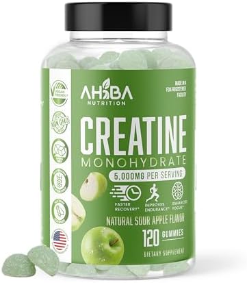 Creatine Monohydrate Gummies 5g per Serving, chewable, Vegan, Non-GMO, Sugar-Free, Soy-Free, Gluten-Free, Men & Women,More Strength & Recovery- Sour Apple Flavor, Made in USA