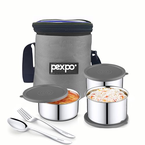 Image of Go24 pexpo Marvel-3 Stainless Steel Meal Box with 3 Containers (2 * 280ml & 430ml), 1 Spoon & Bag - Grey & Blue |BPA Free Lid | Leak Proof | Lunch Box for Office Men and Women