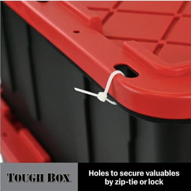 Tough Box 27 Gallon Large Plastic Storage Container with Snap-On Lid, Black with Red, Pack of 4