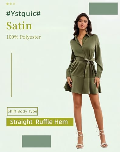 Image of Women's Long Sleeve Button Up Midi Belt Shift Collar Dress with Pockets for Work Office Business