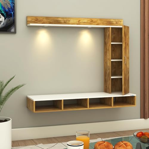 Image of Anikaa Dorex Engineered Wood Wall Mounted TV Unit with LED Lights, Storage Cabinet & Display Shelf for Living Room | Ideal for Upto 55 Inch TV- Giantwood /White(DIY Installation)