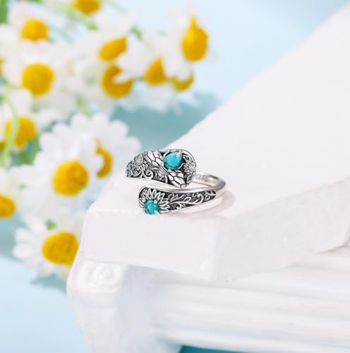 Bee Spoon Rings with Genuine Turquoise, Sterling Silver Vintage Boho Sunflower Thumb Rings Native American Antique Floral Jewelry Gifts for Women, Adjustable Size Fit for 6 7 8 by DOLIOX - Used condition - Image 5