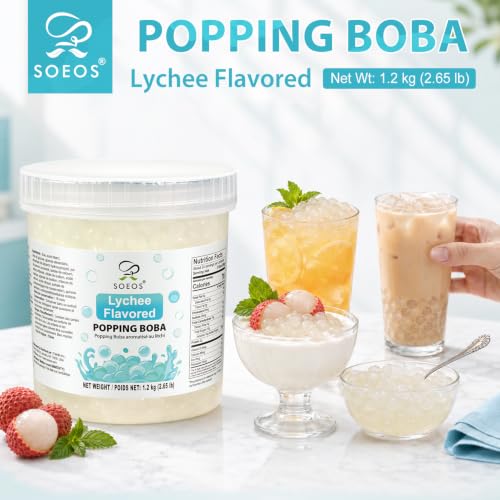 Image of Soeos Lychee Popping Boba, Bursting Fruit Flavored Boba Pearls, 2.6 lbs
