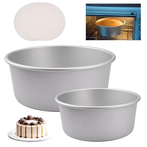 2 PCS Moule Gateau Rond, Moules à Gâteaux en Aluminium Anodisé, Moule Layer Cake Anti-adhésif avec 50 Papier de Cuisson, Réutilisable Moule Gateau Haut pour D'anniversaire, Cheesecakes (5''/7'')