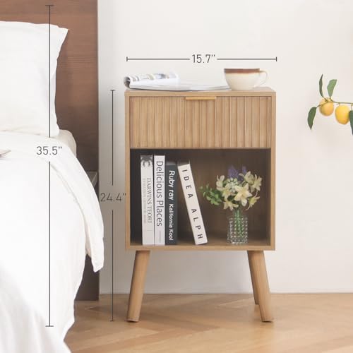 Image of Fultyle Night Stand with Drawer, Mid Century Nightstand with Storage, Modern Fluted Bedside Table Bedroom Living Room for Small Space, Office (Rustic Walnut)