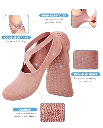 Image of AURUZA Pilates Grip Socks for Women Non Slip Skid Yoga Socks with Grips Straps for Ballet Dance Workout Gripper Sock