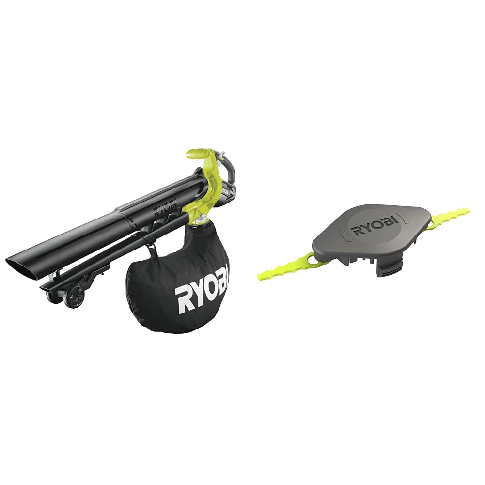 RYOBI - Souffleur Électrique sans Fil Aspiro-Broyeur à Batterie 18V One+ Brushless & Tête Double Lames Dentelées (+10 Lames) pour Coupe-Bordures, Dresse-Bordures - Spéciale Herbes Hautes/Épaisses