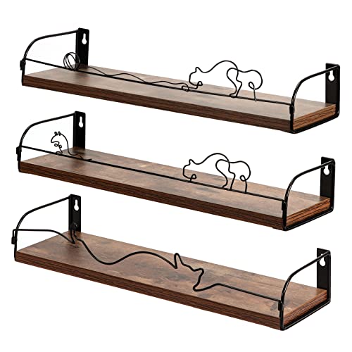 Lyeasw Floating Shelves Cat Shaped Wall Shelf, Rustic Wood Cat Shelving for Bedroom Kitchen Living Room Nursery Bathroom, Set of 3