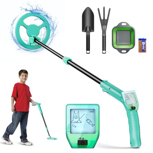 Detector de Metales para Niños Ligeros con Pantalla LCD y Bobina de Búsqueda Resistente al Agua, Detector Metales Niños De Alta Precisión con 66-83 cm Vástago Ajustable, Incluye Tamiz Pala Rastrillo