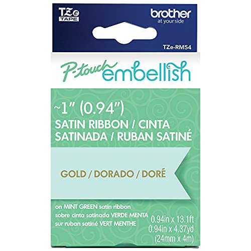 Image of Brother P-Touch Embellish Gold Print on Mint Green Satin Ribbon TZE-RM54 - ~1 inch Wide x 13.1' Long (24mm x 4m /4.37yds), TZERM54
