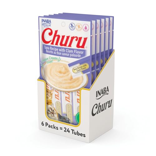 Image of INABA Churu Cat Treats, Grain-Free, Lickable, Squeezable Creamy Puree Cat Treat /Topper with Vitamin E & Taurine, 0.5 Ounces Each Tube, 24 Tubes (4 per Pack), Tuna Recipe with Clam Flavor