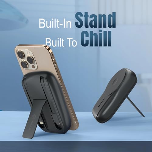 Image of Mobilla MPower Mag-3 Magsafe Wireless Powerbank | 10000mAh Battery | 15W Wireless Charging | 22.5W PD + QC 3.0 Output | In-Built Stand | LED Battery Display | Built-In Type-C & Lightning Cables (Grey)
