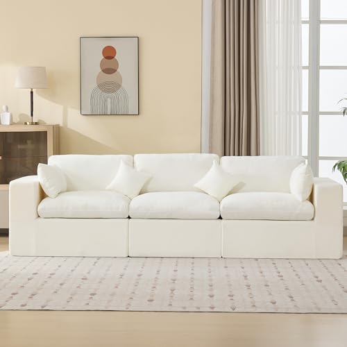 Image of 115''Cloud Boneless Sectional Couch, Modular Sectional Sofa Deep Seat, Oversized Upholstered Convertible Comfy 3 Seater Chenille Memory Foam Sofa Couches for Living Room, Beige