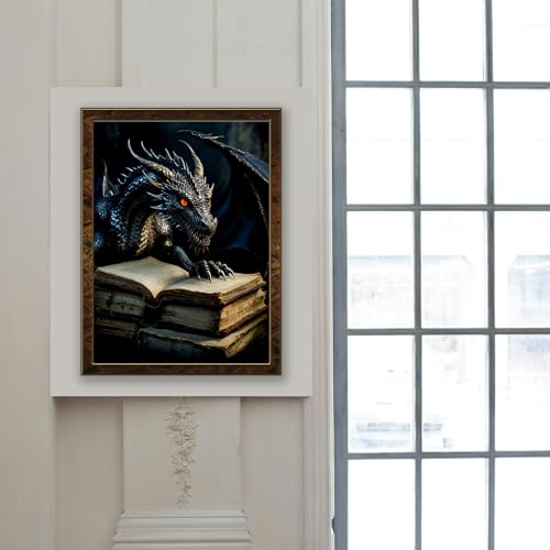 Image of MBNTJHT DIY Dragon Diamond Painting Kits for Adults,5D Full Round Drill Diamond Art Kits for Adults Beginners,Black Dragon and Books Painting by Diamonds Kit Crafts for Home Decor Gifts 12X16 Inch.