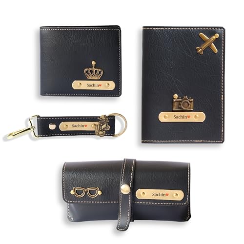Image of Personalised All in One Men's Combo Gift (4 pcs) Customized Leather Wallets, Key Chain, Eyewear Case and Passport Cover with Name | Best Gift for Brother, Husband, Boyfriend, Father (Black)