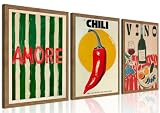 Framed Kitchen Wall Art Set of 3, Abstract Table Food Kitchen Wall Decor, Chilli Pictures Prints Artwork, Vintage Dining Room Canvas Painting, Modern Kitchen Home Decoration – 12x16 inch
