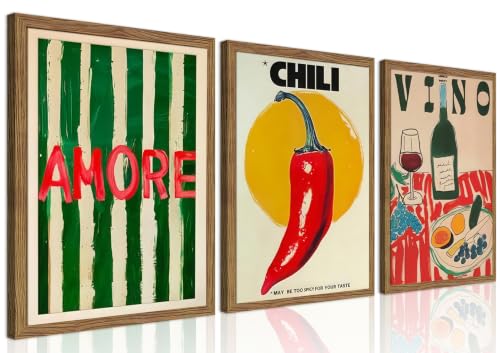 Framed Kitchen Wall Art Set of 3 Abstract Table Food Kitchen Wall Decor Chilli Pictures Prints Artwork Vintage Dining Room Canvas Painting Modern Kitchen Home Decoration 12x16 inch