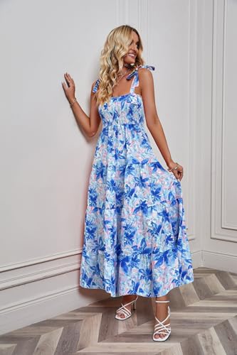 Image of kinstell Women's Summer Boho Spaghetti Strap Square Neck Ruffle Casual Flowy Long Dress Beach Swing Party Maxi Dress