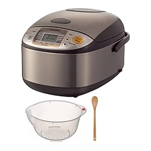 Zojirushi Micom Rice Cooker and Warmer (5.5-Cup/Stainless Brown) Bundle with Rice Washing Bowl and Bamboo Spoon (3 Items)