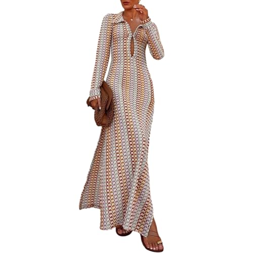 FeMereina Womens V Neck Crochet Maxi Dresses Long Sleeve Bodycon Long Dress Hollow Out Summer Thigh Slit Beach Vacation Cover Up (Multi-Color, S)