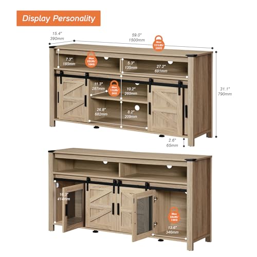 WAMPAT-Farmhouse-Buffet-Cabinet-Rustic-Sideboard-with-Sliding-Barn-Doors-59-Coffee-Bar-Storage-Cabinet-with-Mesh-Doors-Light-Oak-Cupboard-Table-for-Kitchen-Dining-Room-Living-Room WAMPAT Farmhouse Buffet Cabinet Rustic Sideboard with Sliding Barn Doors 59 Coffee Bar Storage Cabinet with Mesh Doors Light Oak Cupboard Table for Kitchen Dining Room Living Room