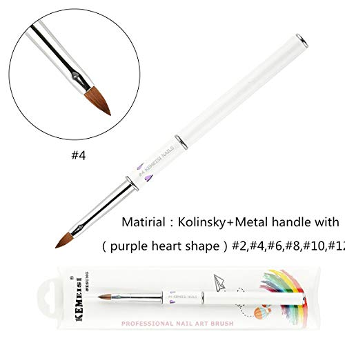 KEMEISI 1PC Elegant Purple Heart Metal Handle 3D Acrylic Nail Brush White Handle Size 2,4,6,8,10,12 (#4)