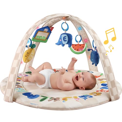Image of Baby Play Gym & Activity Mat with Light-up Musical Arch, Washable Tummy Time Mat with 6 Detachable Sensory Toys for Motor Skills, Baby Essentials Shower Gift - ABC123