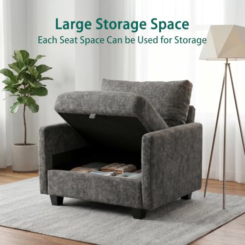 Image of Singel Seat Modern Couches for Living Room, 38 inch Single Sofa with Storage | High Resilience Foam, 22 inch Seat Depth, Movable Ottoman, Comfy Chenille, Easy Assembly, Dark Gray