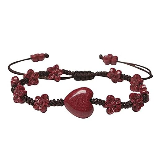 Xgimas Natural Cinnabar Bracelet, Adjustable Handmade Braided Rope Prosperity Flowers Good Lucky Red Heart Shaped Charm Bracelet for Women Men