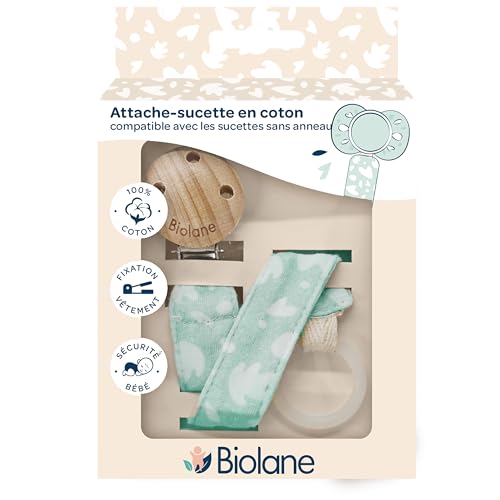 BIOLANE - Attache tétine bébé - Pour tétine sans anneau - Tissu 100% coton - Vert Menthe - Fixation Silicone - Clip en bois et métal - Double Sécurité &...