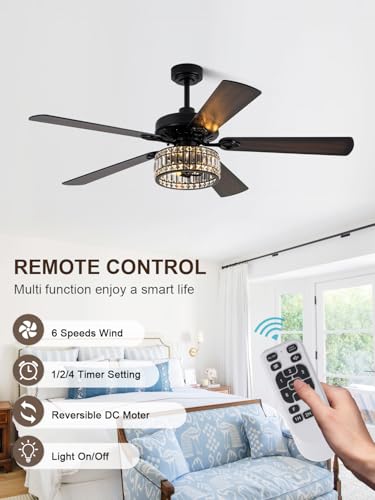 Image of 60 Inch Crystal Ceiling Fan with Lights Remote Large Chandelier Ceiling Fan Crystal Caged Fandelier, Indoor Outdoor 5 Dual Blades Reversible Quiet DC Motor 6 Speeds for Living Room Patio