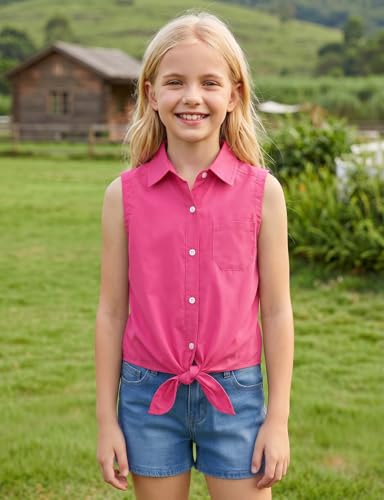 Image of Noomelfish Girls Sleeveless Button Down Shirt Tie Knot Blouse Western Cowgirl Outfit (5-12 Years)