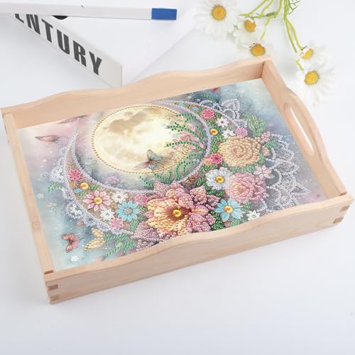Image of AiYuanzsh Moon Diamond Art Tray with Handle, 5D Diamond Painting Tray DIY Plate Kit for Adults, Decorative Diamond Art Serving Tray for Home Organizer