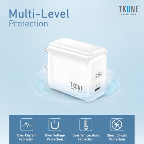 Image of TKONE 25W Fast Charging Adapter, Type C, for iPhone 17 /16 /15 /14 /13 /12 Series, Samsung Galaxy S25 /S24 /S23, OnePlus, Nothing & Others, Advance Safety Protection (White)