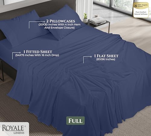 Image of ROYALE LINENS 100% Organic Cotton Full Sheet Set - 16 inch Deep Pocket Bed Sheets - Eco Friendly Navy Bed Sheets - Sabanas Full - 1 Flat, 1 Fitted & 2 Pillowcases - Navy Sheet Set - Cotton Bedding Sets