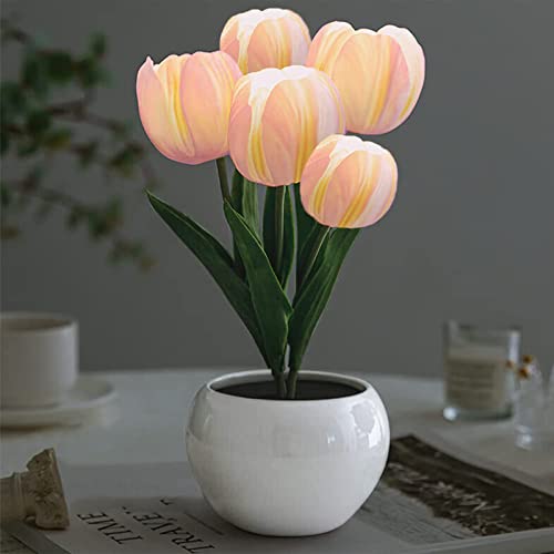 Image of GOUTOOL Flower Table Lamp Tulip Desk LED Night Light for Home Living Room Decor Artificial Flower with Vase Table Centerpieces for Birthday Holiday Party Wedding Room Decoration (Pink)…