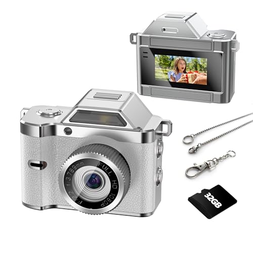 OMK Mini Keychain Camera, 1080P Pocket-Size Camera with 32GB Card, Portable Mini Retro Camera, One-Button Recording, Lightweight Vintage for Travel, Birthday Gift, Party, Daily Moments(White)