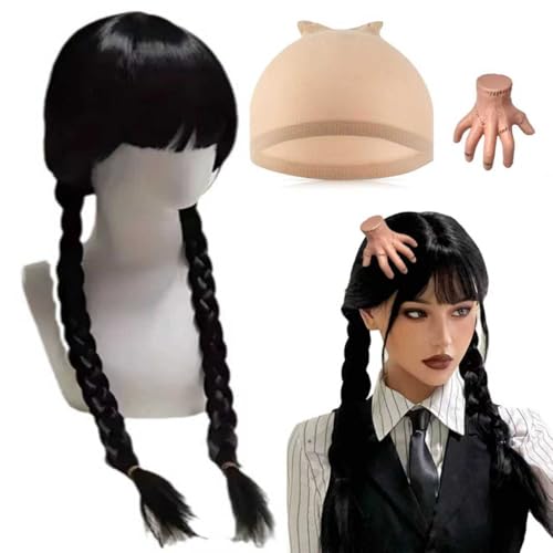 Pelucas negras para disfraz de Halloween, Miércoles Peluca para Halloween con pasador de pelo, Pelucas Largas Negras Dobles Trenzadas, Addams Peluca Trenzas Negra, para Cosplay, Carnaval, Halloween