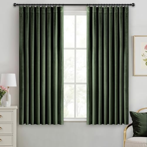 Olive Green Velvet Curtains 45 Inches Long Blackout Thermal Insulated