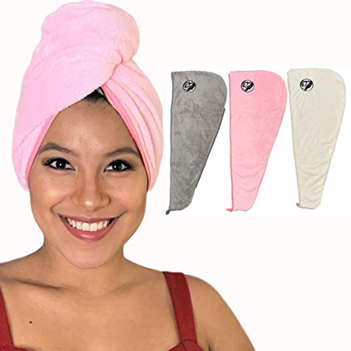 Microfiber Hair Towel - 3 Pack Hair drying towel For Women With Pocket - Super Absorbent - Anti frizz Hair Towel For Long, Curly & Thick hair - Quick dry Head Turban Towel Light Weight & Easy to Use