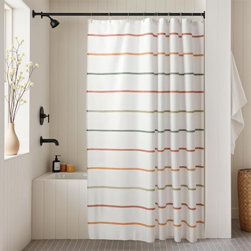 Treory Kids Boho Shower Curtain Set with Hooks, Minimalist Hand-Drawn Soft Pastel Stripes in Warm Earth Tones, Waterproof Fabric for Modern Farmhouse Bathroom, 72' x 72'