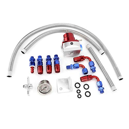 EBTOOLS Regulador de presión de combustible, kit de regulador de presión de combustible de coche ajustable universal con herramientas de sistema de combustible de calibre 100PSI(Rojo + plata)