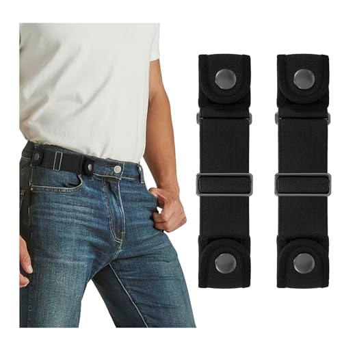 SANSTHS 2 Pack Elastic Belt for Men Women,2 Loops No Buckle Stretchy Side Belts Adjustable Invisible Belt for Jeans Pants (Black,M)