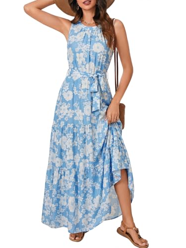 Image of Rooscier Women's Sleeveless Boho Maxi Dress | Halter Neck Print Tiered A Line Beach Dresses