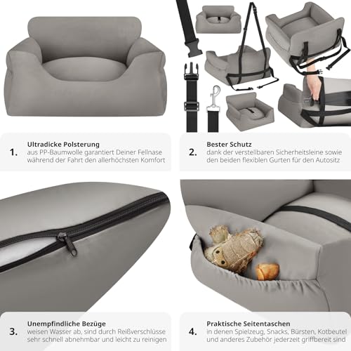 tectake® Hundesitz, Autositz für Hunde, Hunde Autositz für Rückbank, Beifahrer oder Rücksitz, Reisebett Hund, mit Hundegurt, Sitzerhöhung mit Hundeanschnaller, Hundebett mit Anschnaller - grau