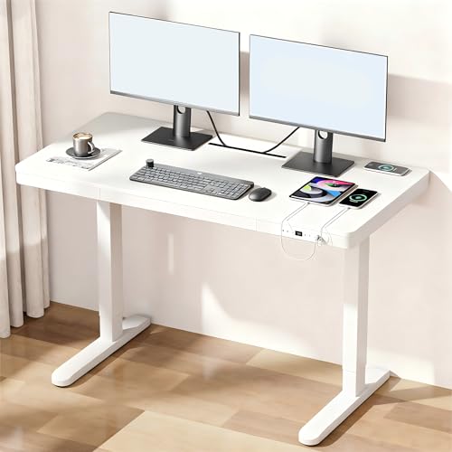 Image of H25 Electric Height Adjustable Desk with Wireless Charging, USB & Type-C Ports,Child Safety Lock|Drawer|Sit-Stand Office Table, White,3-Year Warranty- Free Virtual Installation Guide