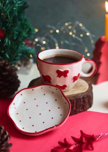 Image of WEAVING HOMES Handcrafted Ceramic Mug & Dessert Plate to Gift to Best Friend and Love Microwave Safe Bow Mug & Red Polka Dessert Plate Set (Set of 2, Multicolor)